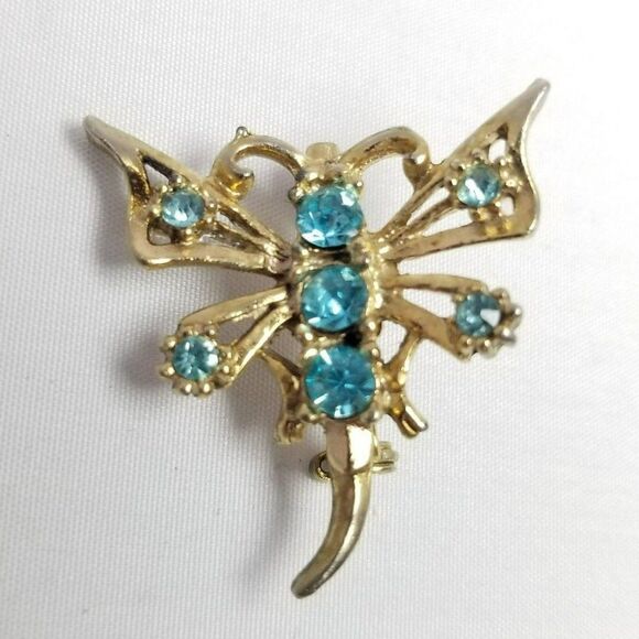 Vintage Little Blue Rhinestone Shaped Brooch, Gold Tone Insect Butterfly Moth - Picture 1 of 6